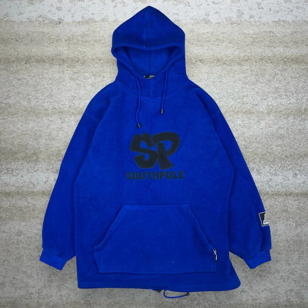 Vintage 90s Southpole Hoodie Mens L Royal Blue Black Logo Fleece Pullover